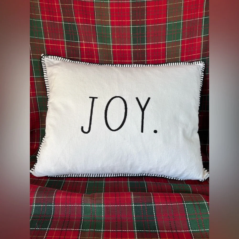 Rae Dunn. “JOY” White and Black Embroidered Throw Pillow with a Down Insert